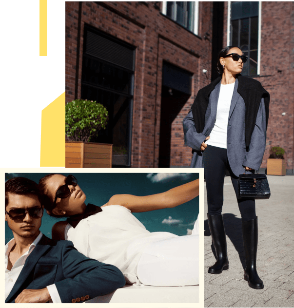 Stylish man in sunglasses poses confidently in urban and beach settings.