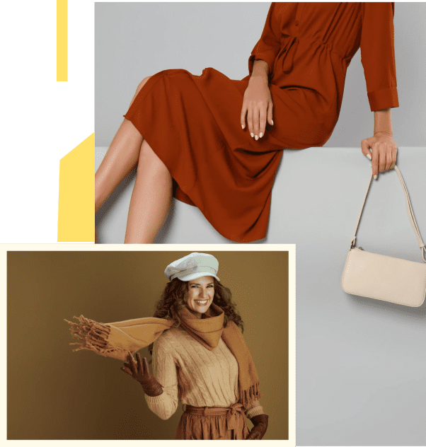 Woman in a stylish rust-colored dress holding a beige handbag.