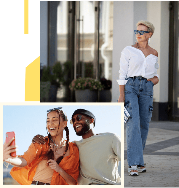 Stylish individuals enjoying casual moments in urban settings.