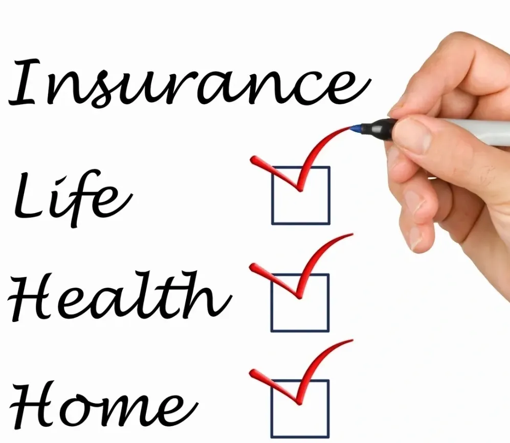 Hand marking checkboxes for insurance types: life, health, and home.