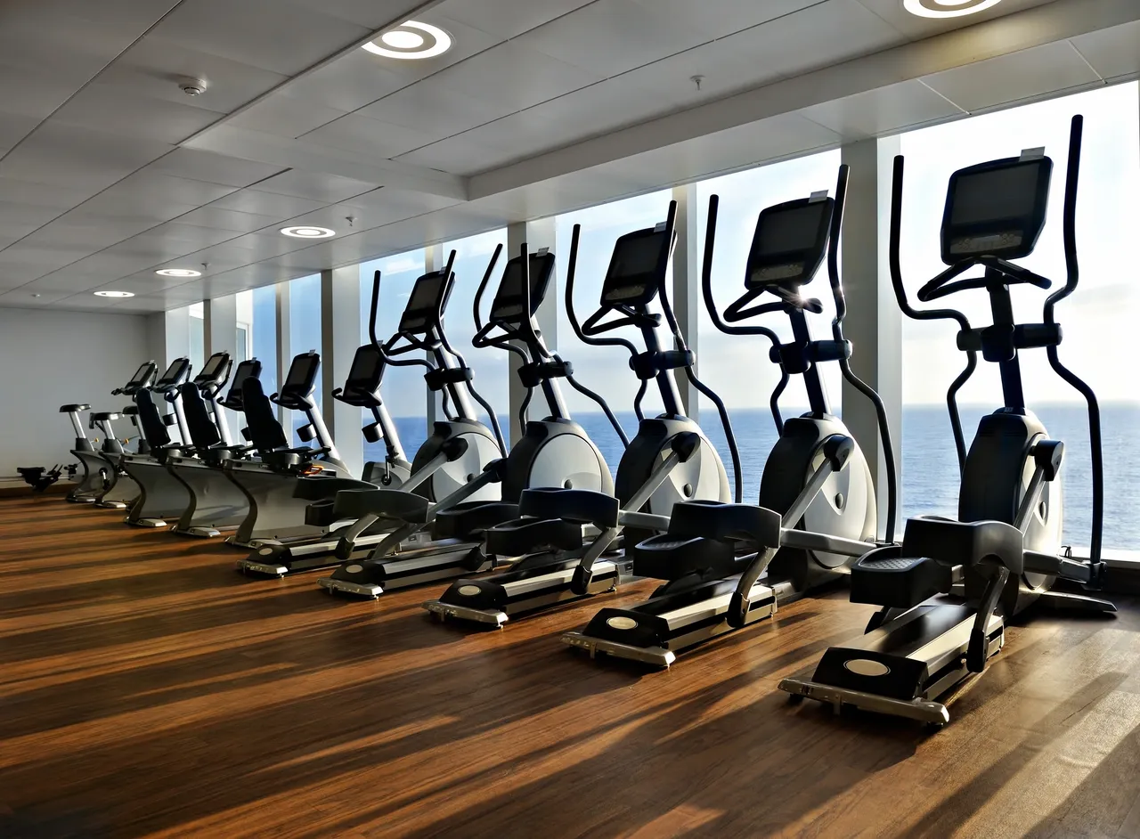 Row of elliptical machines in a modern gym with wooden floors and large windows.
