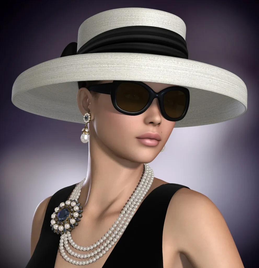 Elegant woman in a wide-brimmed hat and sunglasses.