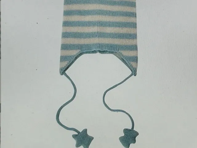 Striped blue and white baby bonnet with star-shaped ties.