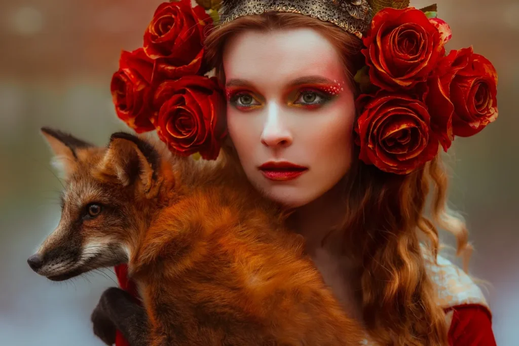 A woman adorned with large red roses and a fox draped over her shoulders.