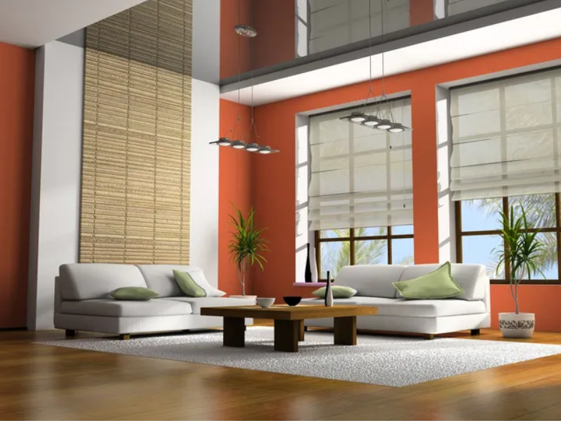 Modern living room with white sofas and plants