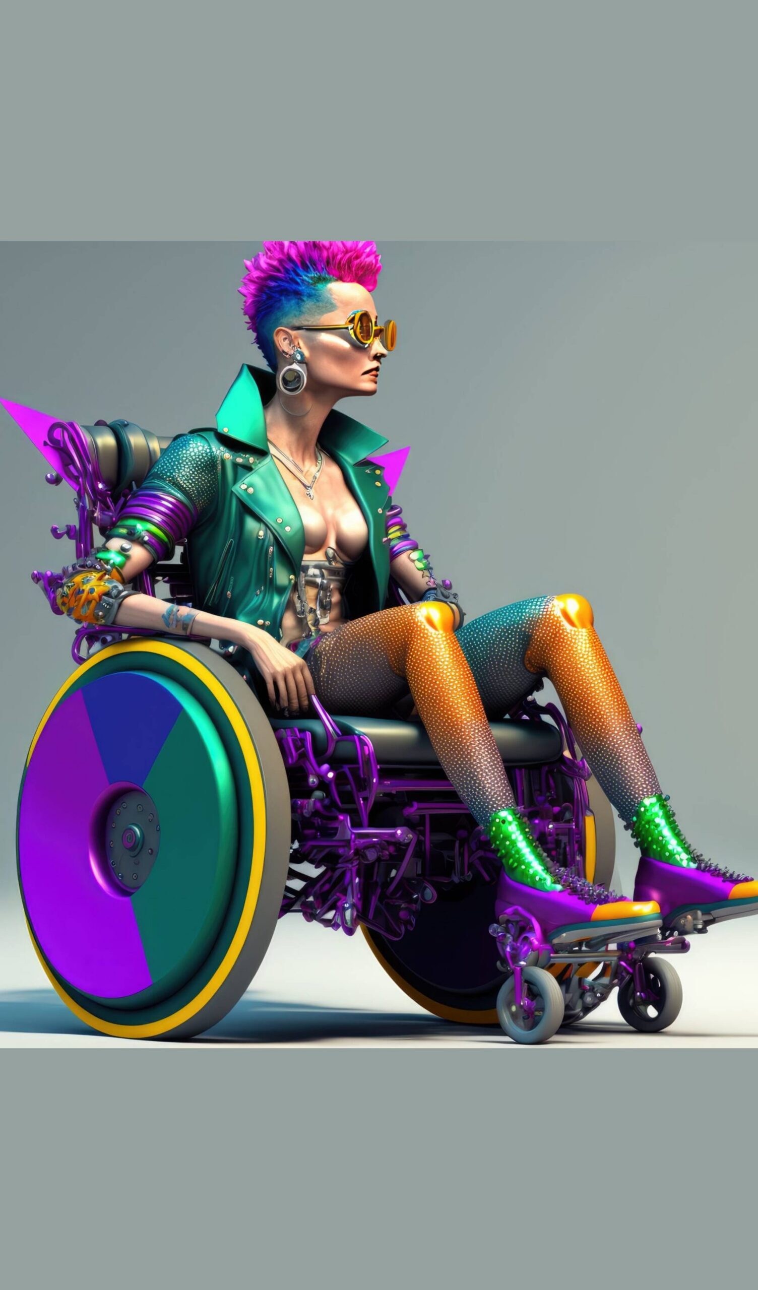 Colorful punk woman in neon futuristic wheelchair