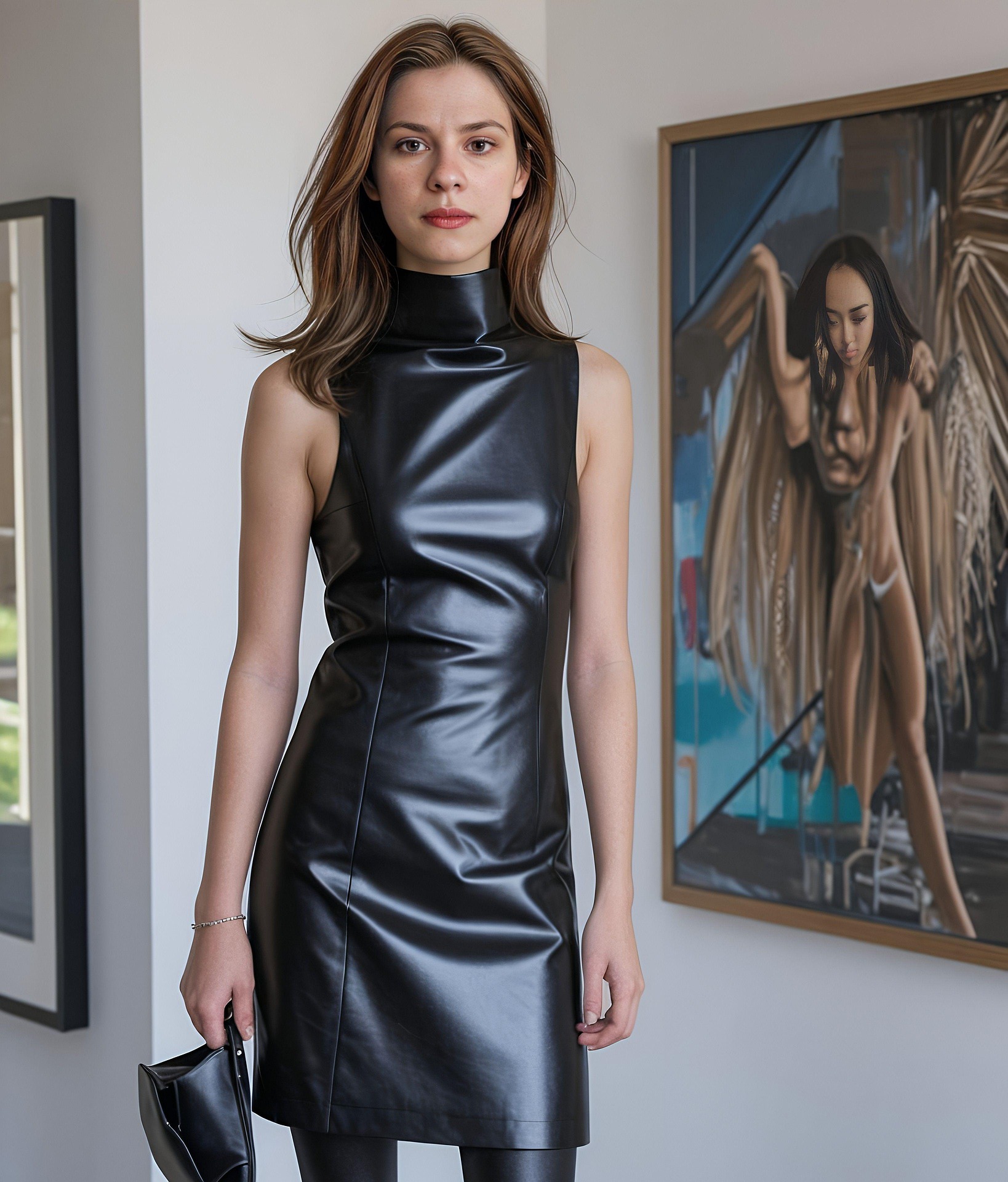 Woman in black leather dress holding bag