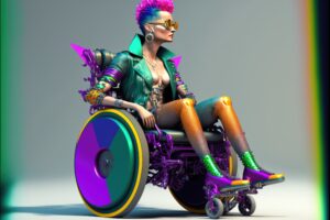 Neon-haired punk seated in vibrant wheelchair